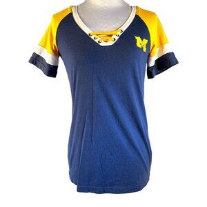 Womens Antigua Michigan V-Neck Lace Up Tee S Blue & Yellow